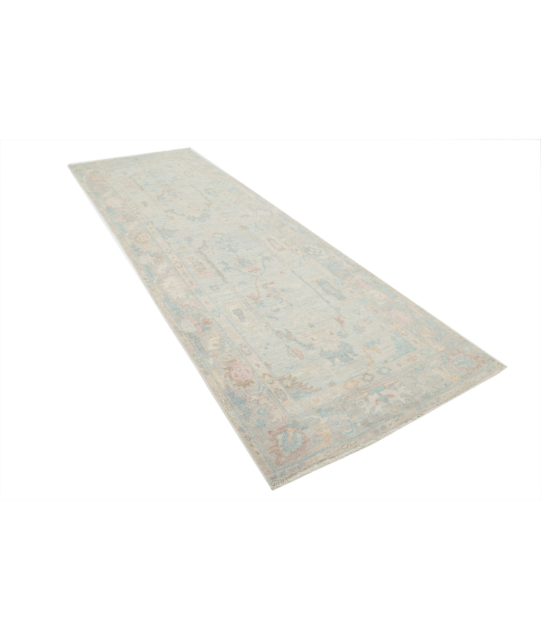 Hand Knotted Oushak Wool Rug - 4'1'' x 12'6'' 4'1'' x 12'6'' (123 X 375) / Ivory / Grey