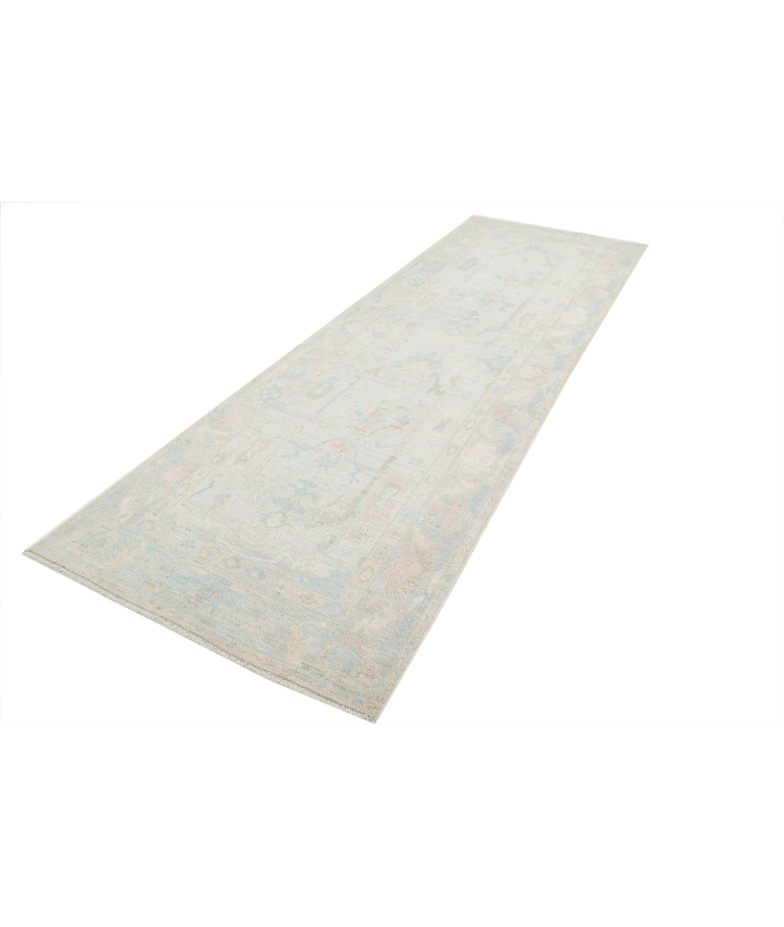 Hand Knotted Oushak Wool Rug - 4'1'' x 12'6'' 4'1'' x 12'6'' (123 X 375) / Ivory / Grey