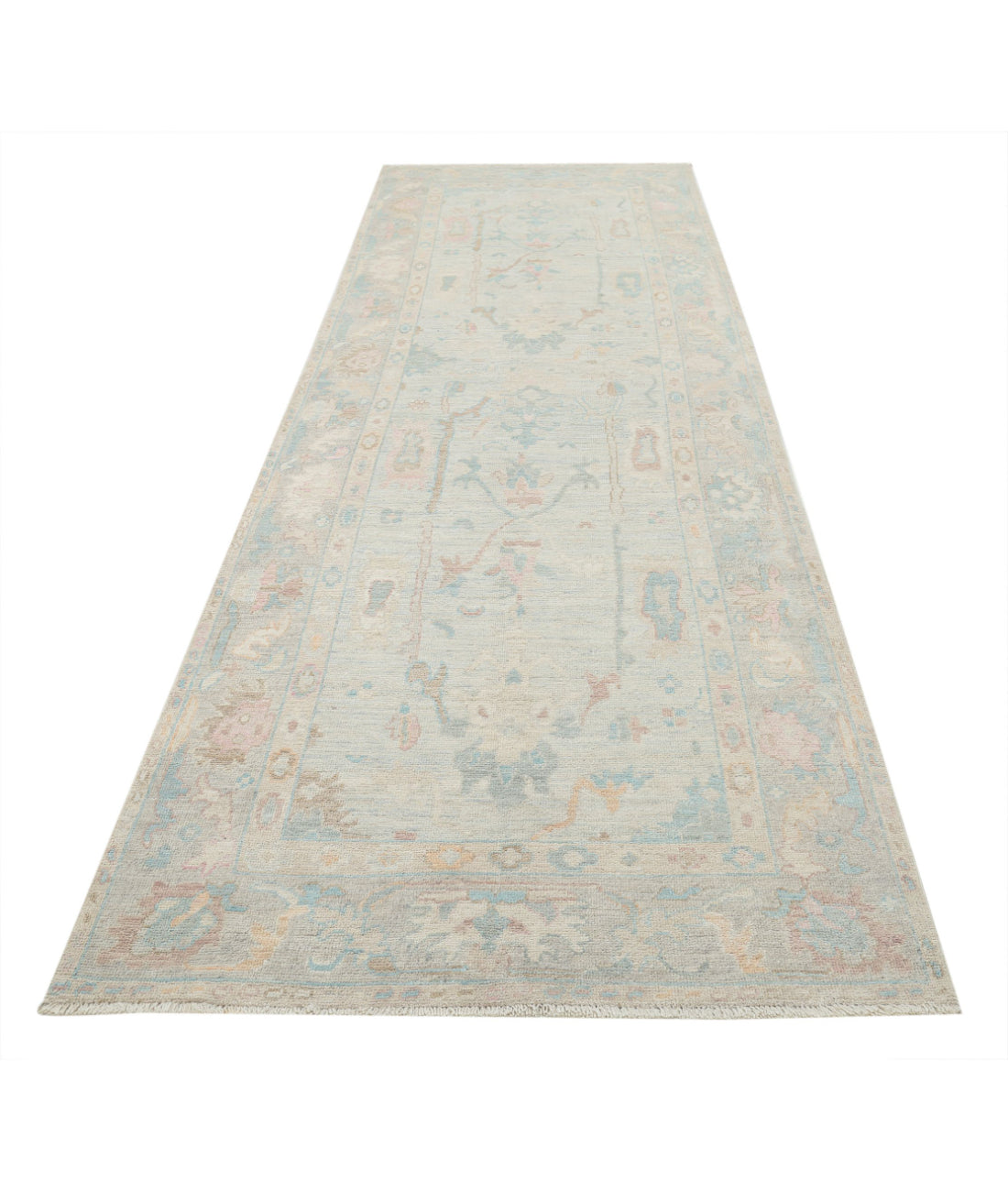 Hand Knotted Oushak Wool Rug - 4'1'' x 12'6'' 4'1'' x 12'6'' (123 X 375) / Ivory / Grey