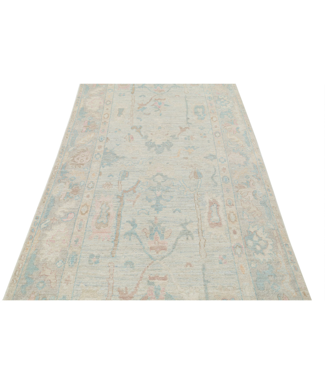 Hand Knotted Oushak Wool Rug - 4'1'' x 12'6'' 4'1'' x 12'6'' (123 X 375) / Ivory / Grey
