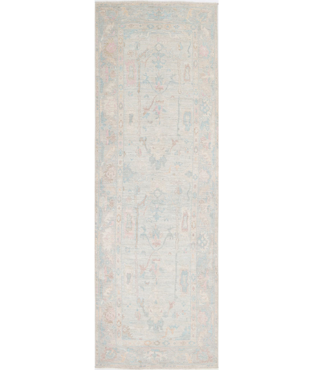 Hand Knotted Oushak Wool Rug - 4'1'' x 12'6'' 4'1'' x 12'6'' (123 X 375) / Ivory / Grey