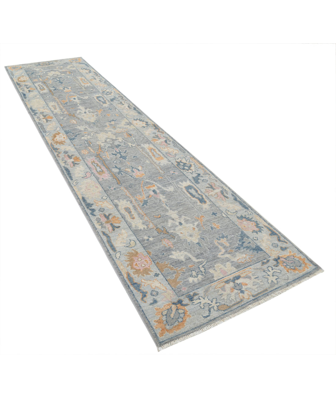 Hand Knotted Oushak Wool Rug - 3'3'' x 12'4'' 3'3'' x 12'4'' (98 X 370) / Grey / Blue