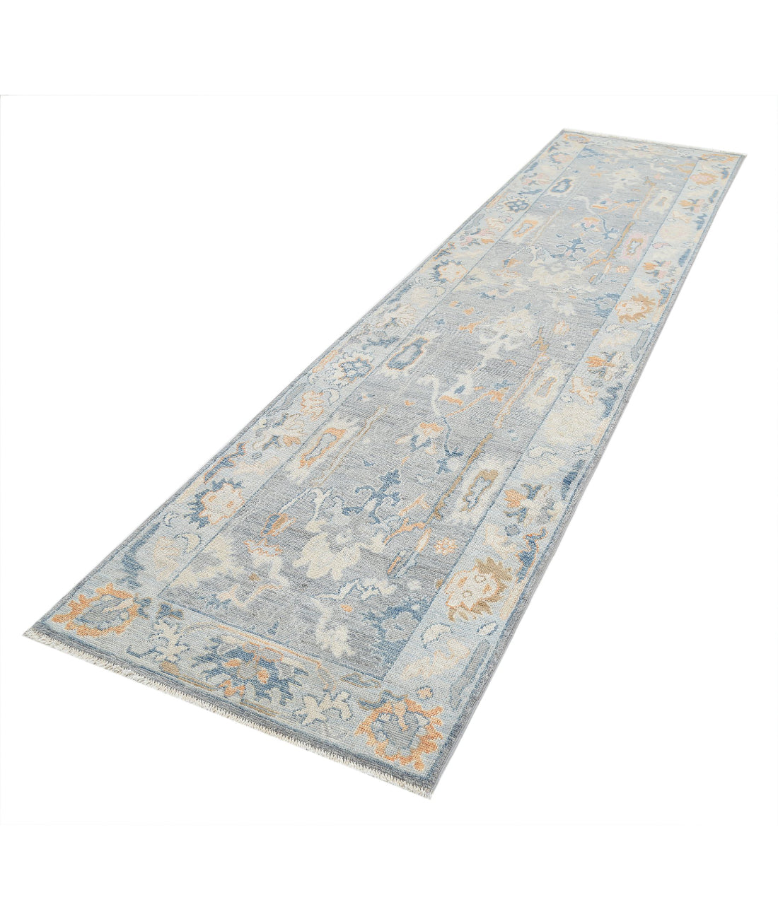 Hand Knotted Oushak Wool Rug - 3'3'' x 12'4'' 3'3'' x 12'4'' (98 X 370) / Grey / Blue