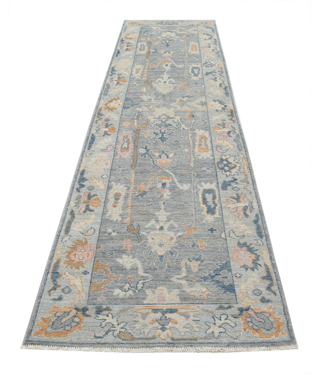 Hand Knotted Oushak Wool Rug - 3'3'' x 12'4'' 3'3'' x 12'4'' (98 X 370) / Grey / Blue