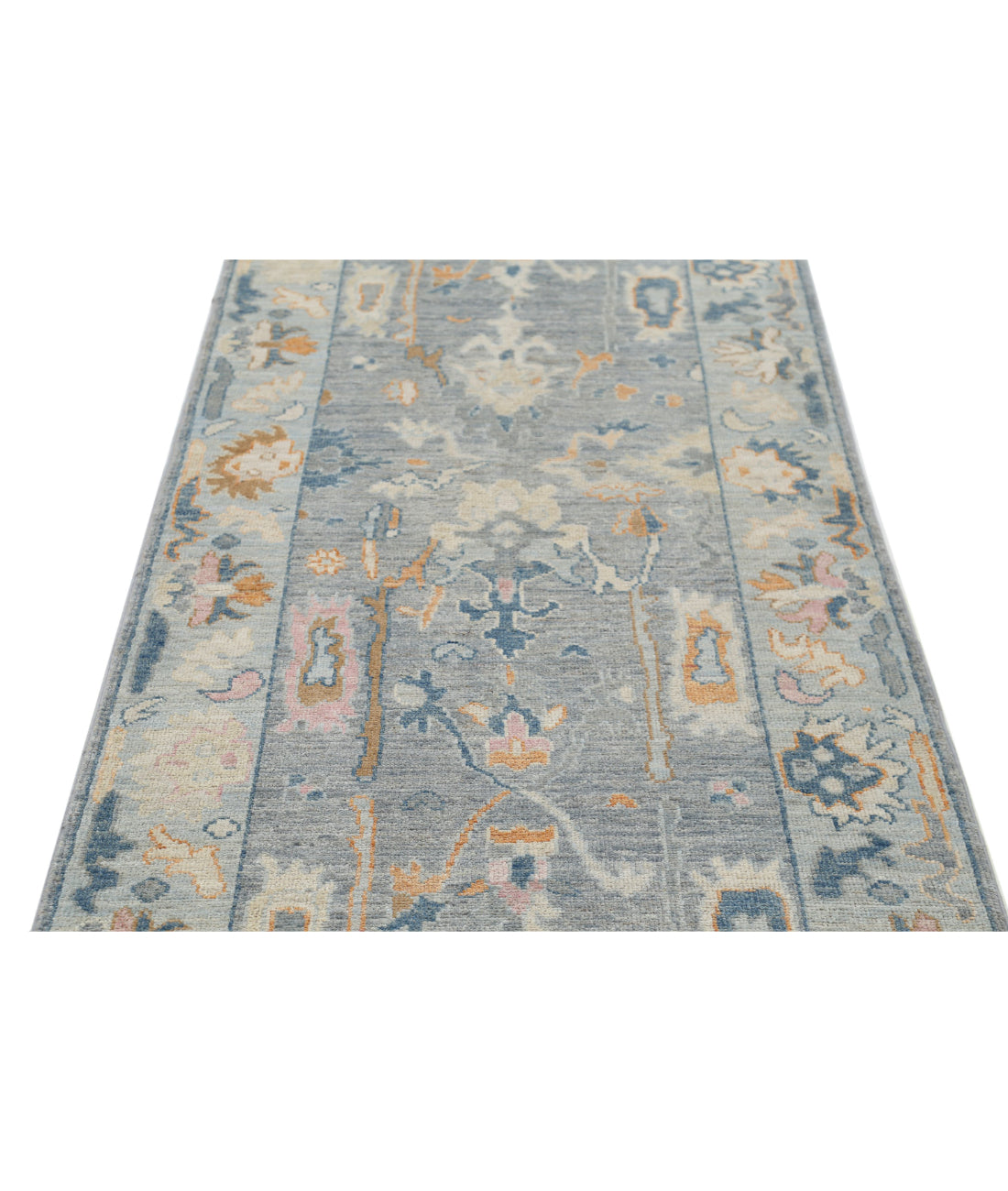 Hand Knotted Oushak Wool Rug - 3'3'' x 12'4'' 3'3'' x 12'4'' (98 X 370) / Grey / Blue