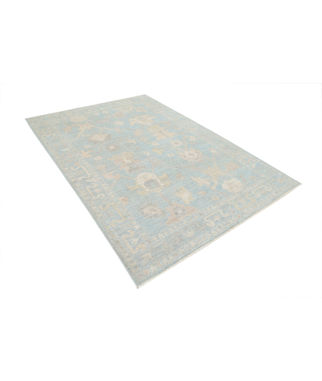 Hand Knotted Oushak Wool Rug - 6'0'' x 8'10'' 6'0'' x 8'10'' (180 X 265) / Green / Ivory