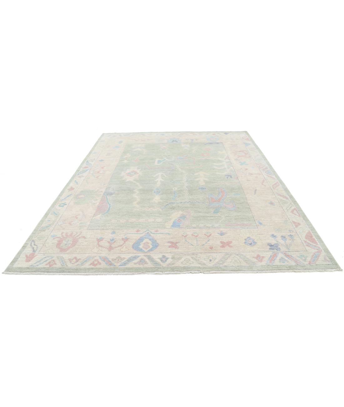 Hand Knotted Oushak Wool Rug - 8'2'' x 9'9'' 8' 2" X 9' 9" (249 X 297) / Green / Taupe