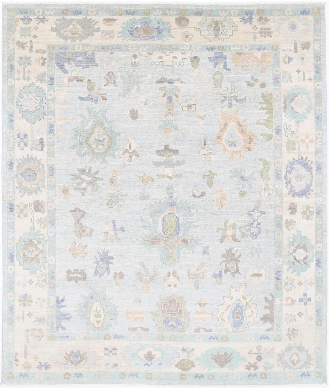 Hand Knotted Oushak Wool Rug - 8&#39;3&#39;&#39; x 9&#39;10&#39;&#39; 8&#39; 3&quot; X 9&#39; 10&quot; (251 X 300) / Blue / Ivory