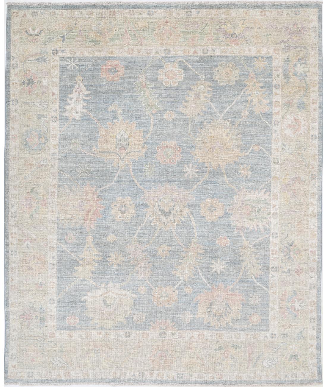 Hand Knotted Oushak Wool Rug - 6&#39;7&#39;&#39; x 8&#39;1&#39;&#39; 6&#39; 7&quot; X 8&#39; 1&quot; (201 X 246) / Blue / Taupe