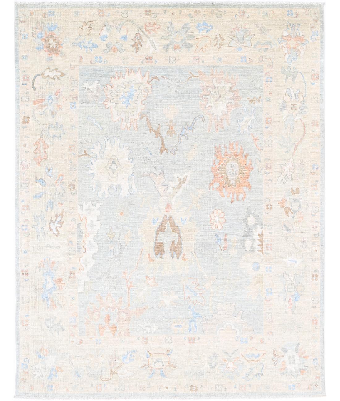 Hand Knotted Oushak Wool Rug - 6&#39;4&#39;&#39; x 8&#39;2&#39;&#39; 6&#39; 4&quot; X 8&#39; 2&quot; (193 X 249) / Blue / Ivory