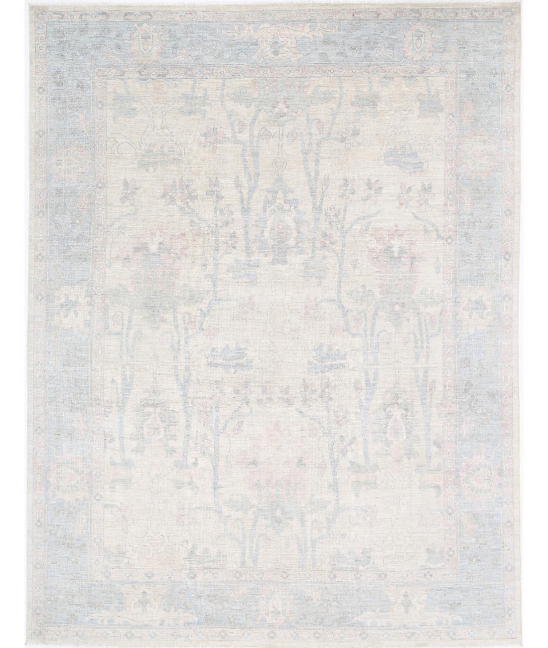 Hand Knotted Oushak Wool Rug - 9&#39;1&#39;&#39; x 12&#39;0&#39;&#39; 9&#39; 1&quot; X 12&#39; 0&quot; (277 X 366) / Ivory / Blue