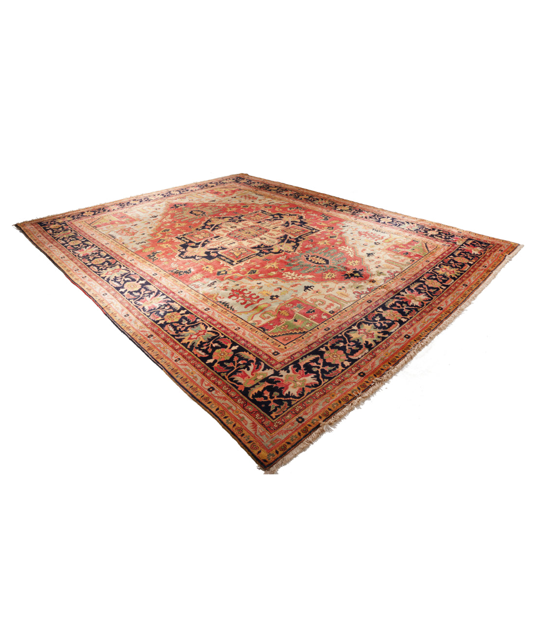 Hand Knotted Persian Heriz Wool Rug - 12'2'' x 15'7'' 12' 2" X 15' 7" (371 X 475) / Pink / Blue