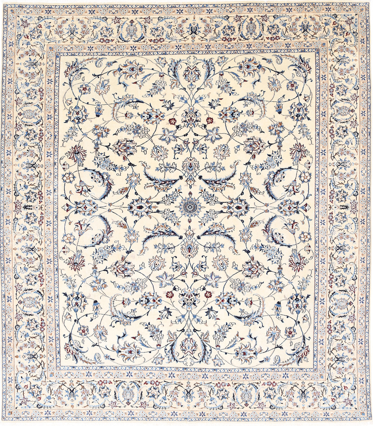 Hand Knotted Persian Nain Wool &amp; Silk Rug - 8&#39;0&#39;&#39; x 9&#39;5&#39;&#39; 8&#39; 0&quot; X 9&#39; 5&quot; (244 X 287) / Ivory / Blue