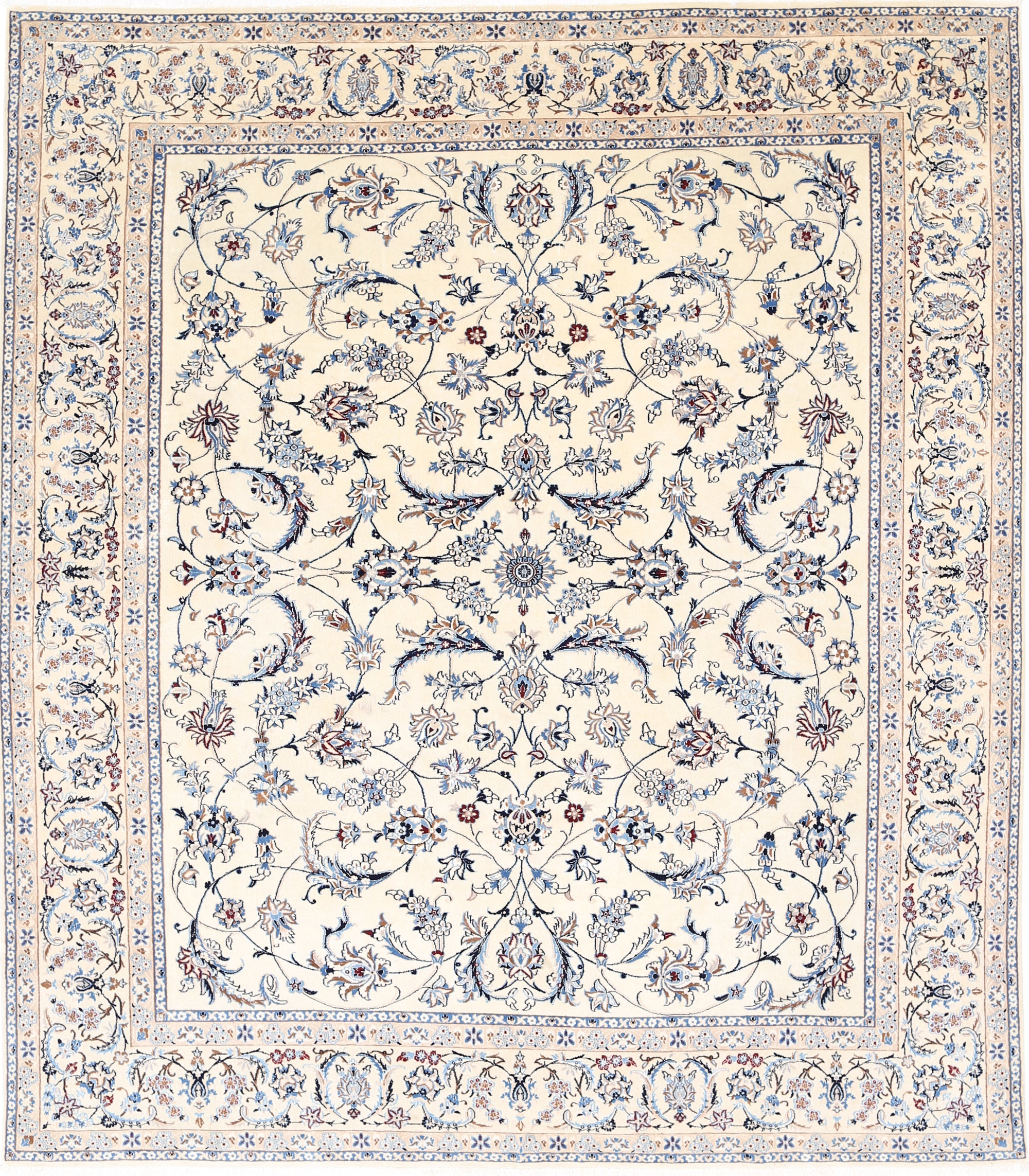 Hand Knotted Persian Nain Wool & Silk Rug - 8'0'' x 9'5'' 8' 0" X 9' 5" (244 X 287) / Ivory / Blue