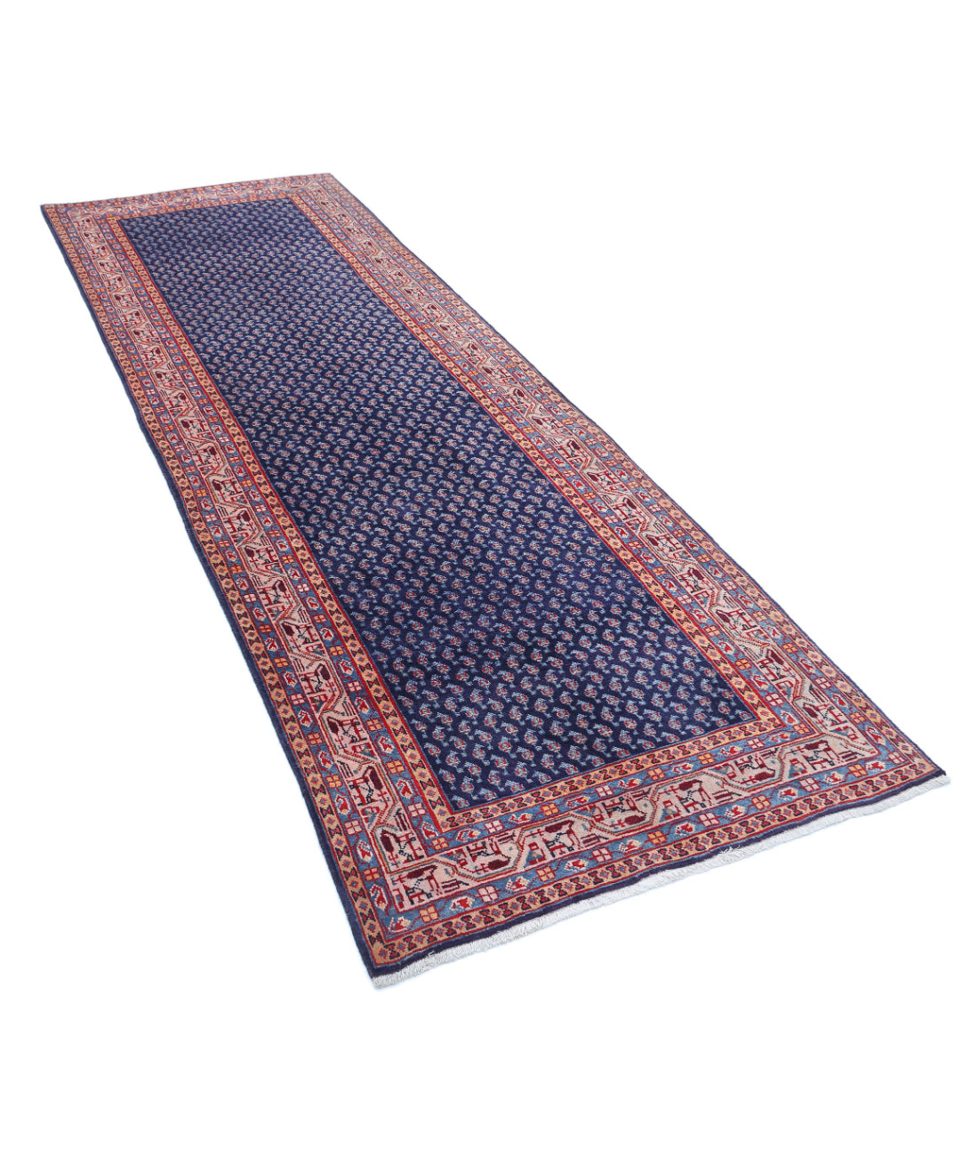 Hand Knotted Persian Mir Saraband Wool Rug - 3'5'' x 10'2'' 3'5'' x 10'2'' (103 X 305) / Blue / Ivory