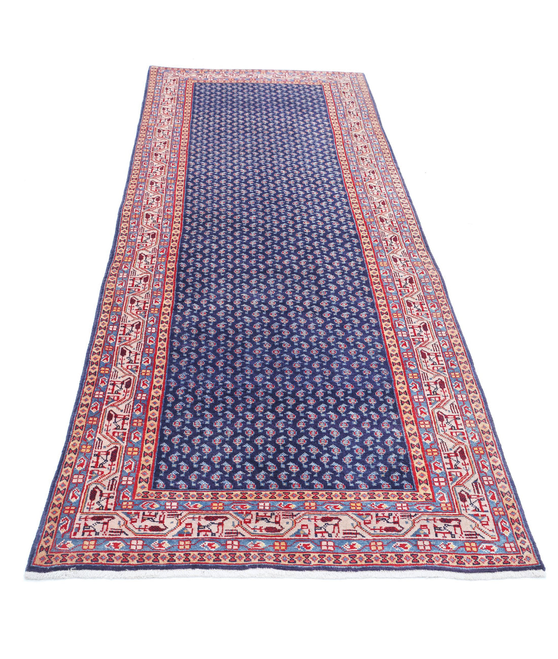 Hand Knotted Persian Mir Saraband Wool Rug - 3'5'' x 10'2'' 3'5'' x 10'2'' (103 X 305) / Blue / Ivory