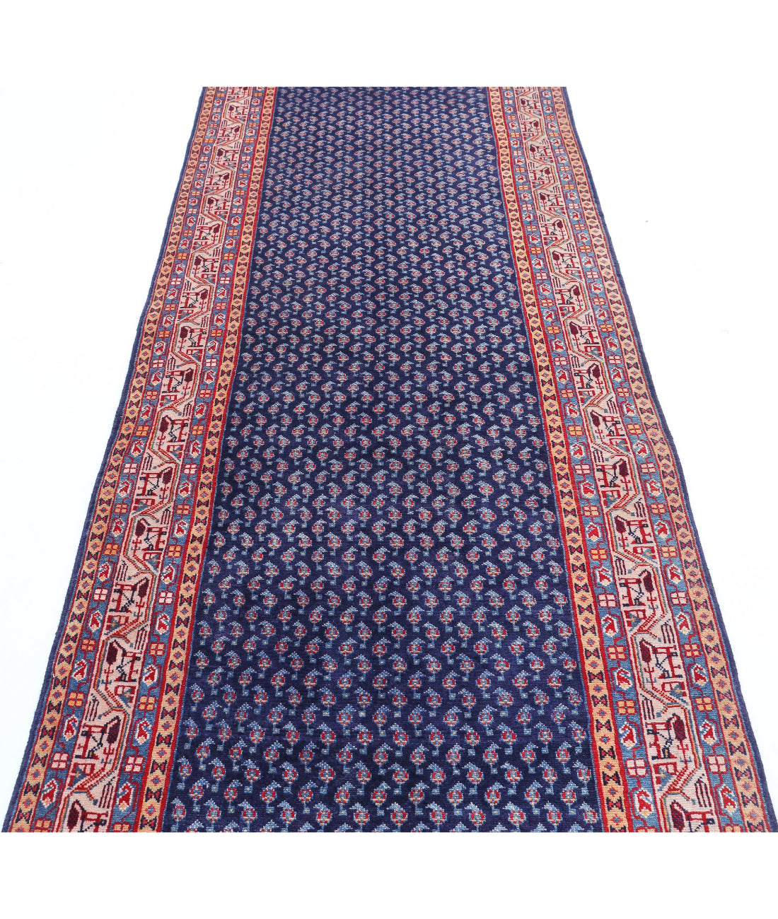 Hand Knotted Persian Mir Saraband Wool Rug - 3'5'' x 10'2'' 3'5'' x 10'2'' (103 X 305) / Blue / Ivory