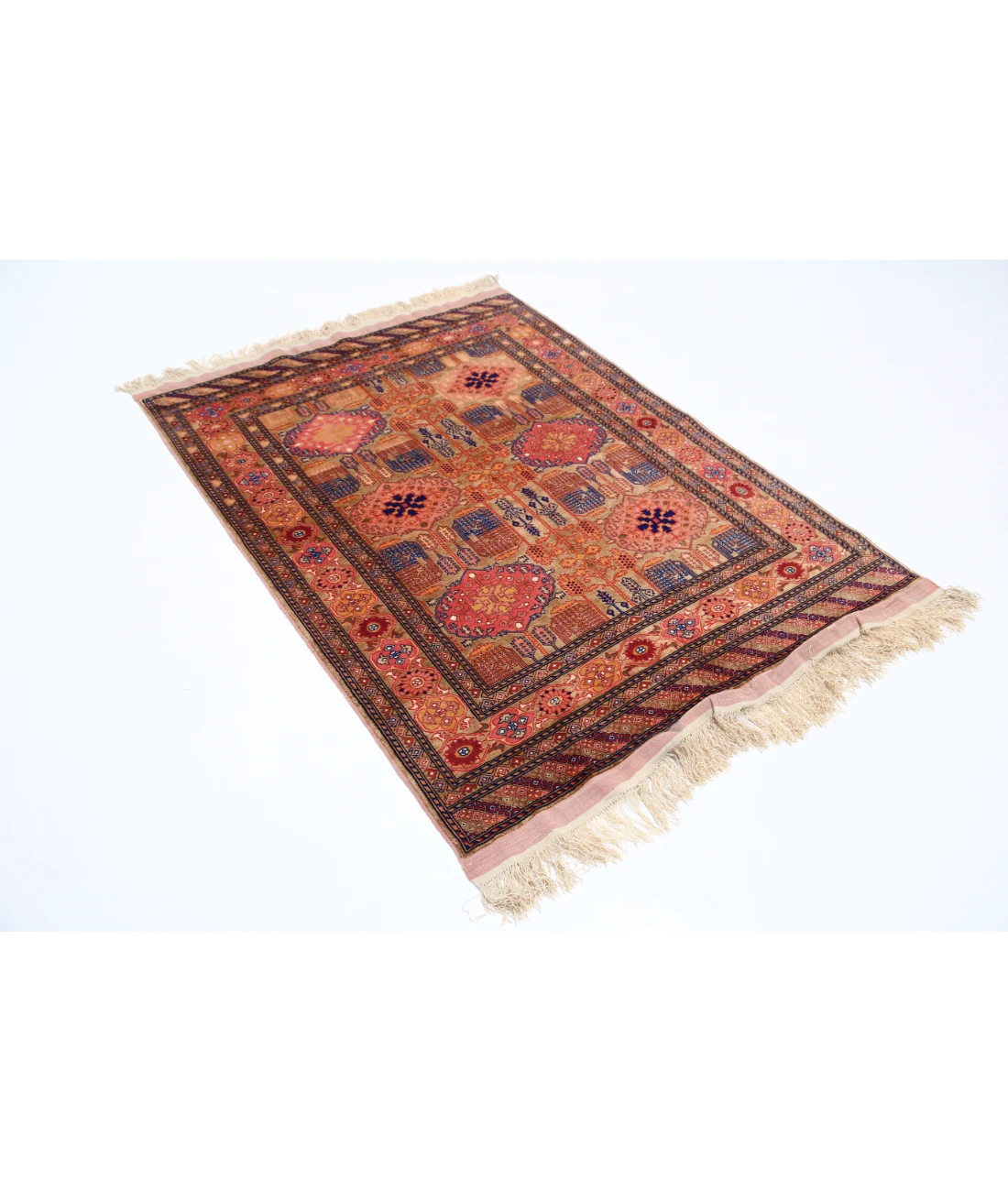 Alfombra de seda y lana Tane de seda tribal anudada a mano - 4'0'' x 5'3''