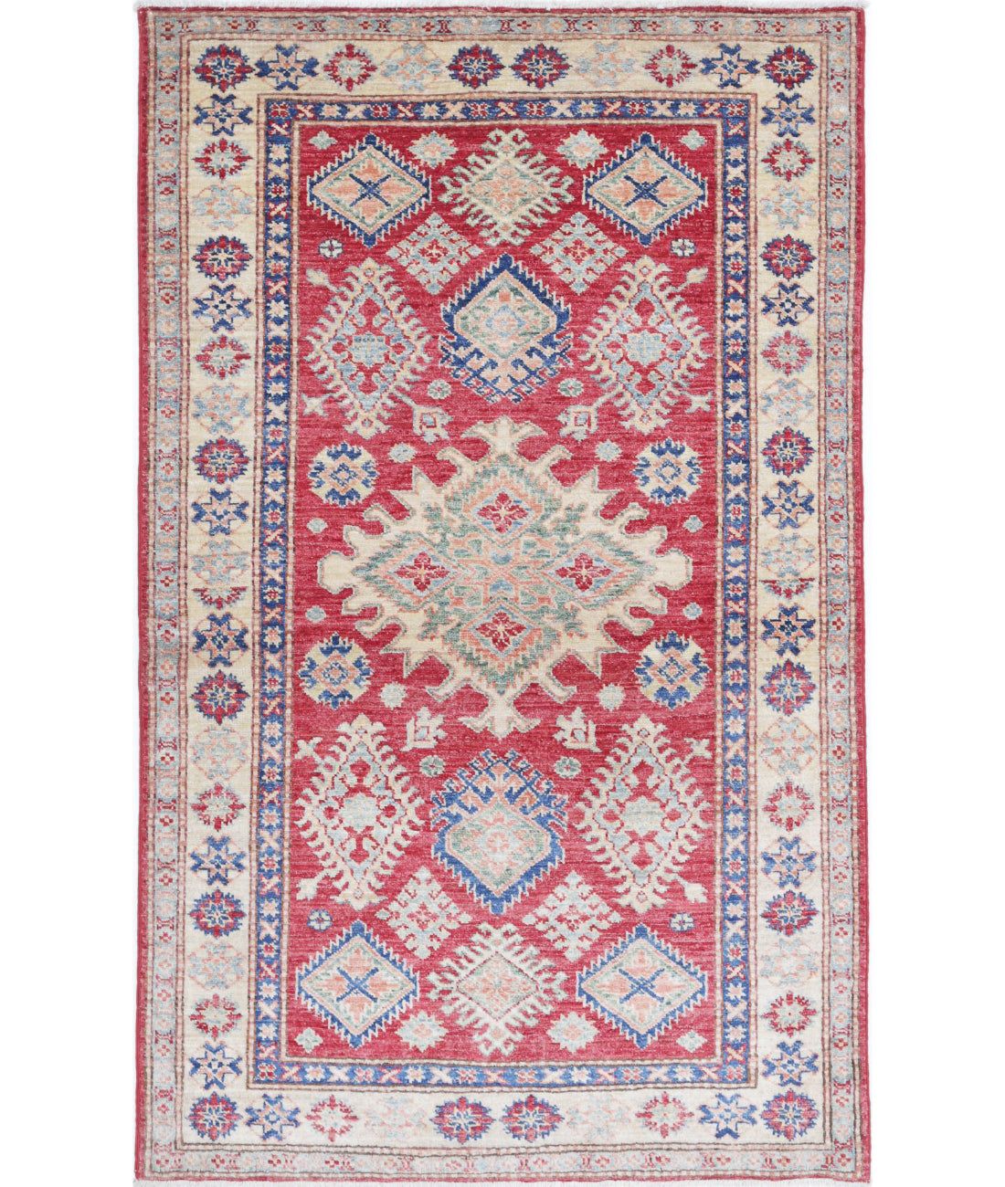 Hand Knotted Royal Kazak Wool Rug - 3'3'' x 5'6'' 3'3'' x 5'6'' (98 X 165) / Red / Ivory