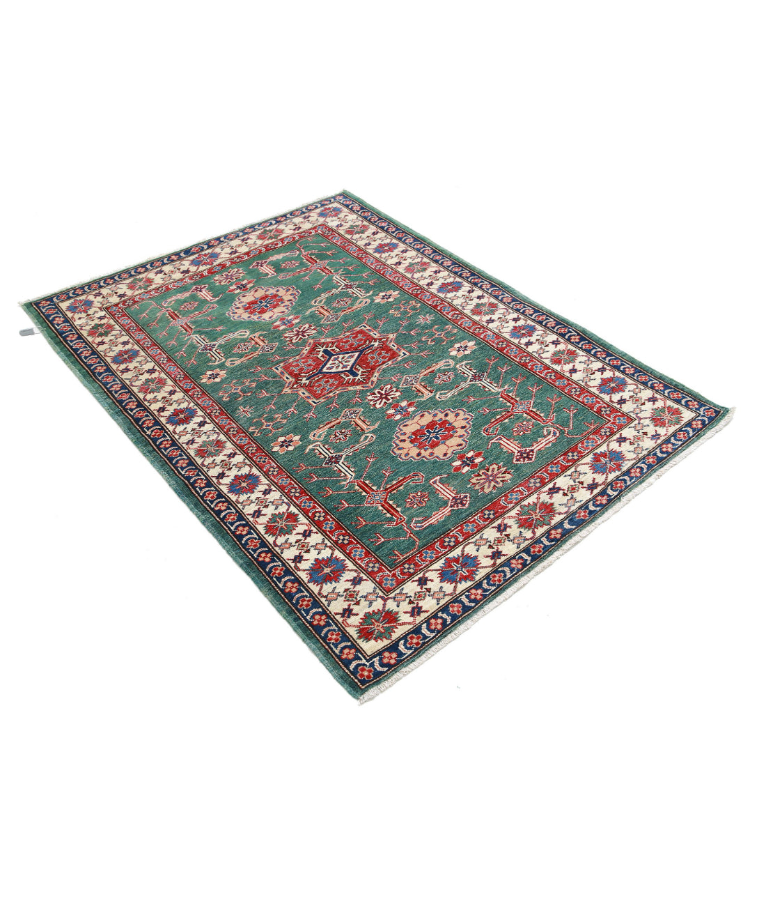 Hand Knotted Royal Kazak Wool Rug - 3'10'' x 5'0'' 3'10'' x 5'0'' (115 X 150) / Green / Ivory