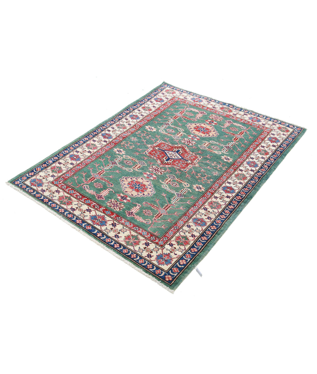Hand Knotted Royal Kazak Wool Rug - 3'10'' x 5'0'' 3'10'' x 5'0'' (115 X 150) / Green / Ivory