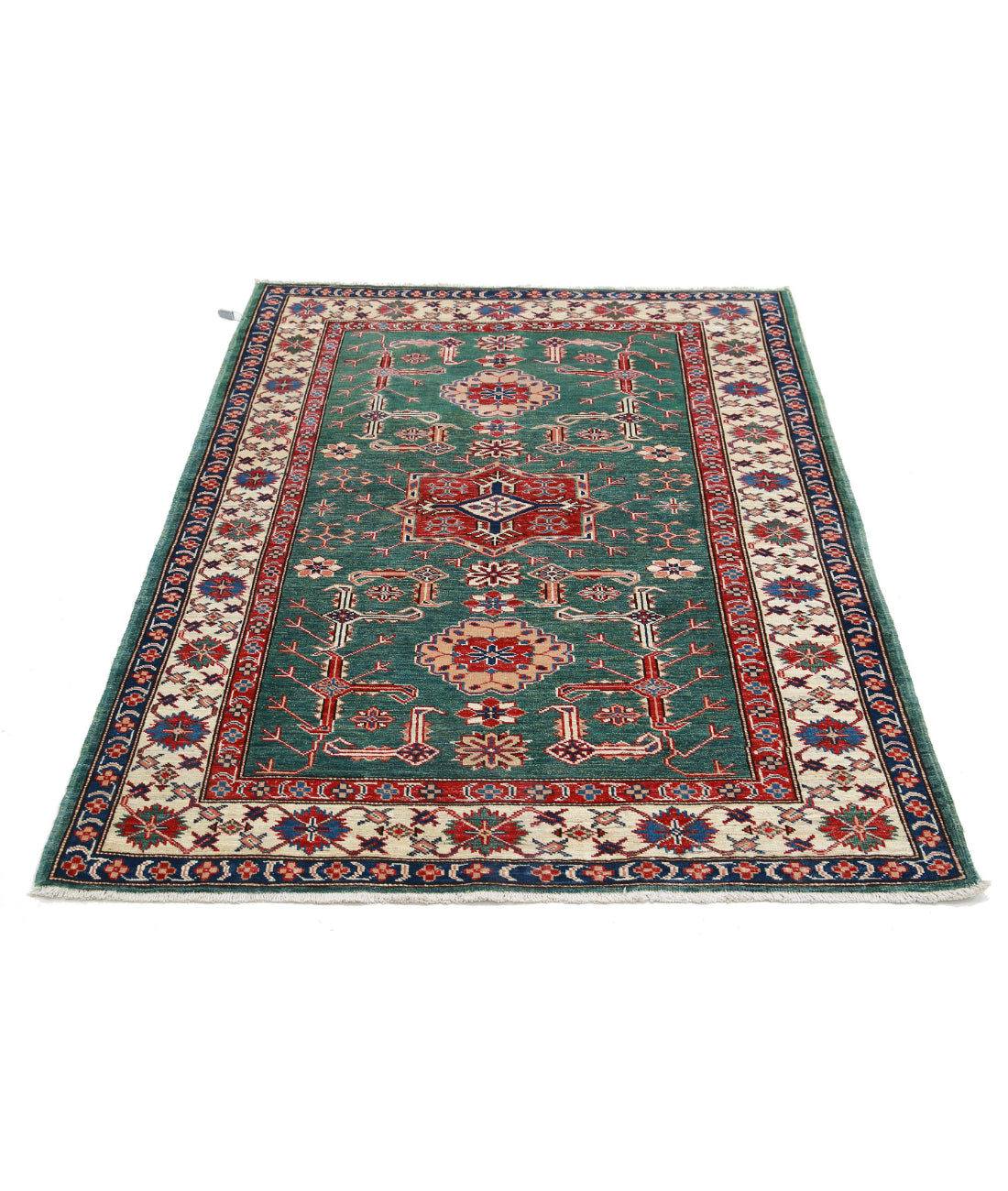 Hand Knotted Royal Kazak Wool Rug - 3'10'' x 5'0'' 3'10'' x 5'0'' (115 X 150) / Green / Ivory