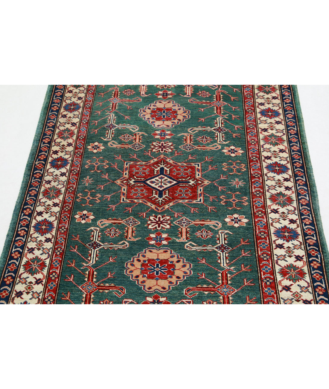 Hand Knotted Royal Kazak Wool Rug - 3'10'' x 5'0'' 3'10'' x 5'0'' (115 X 150) / Green / Ivory
