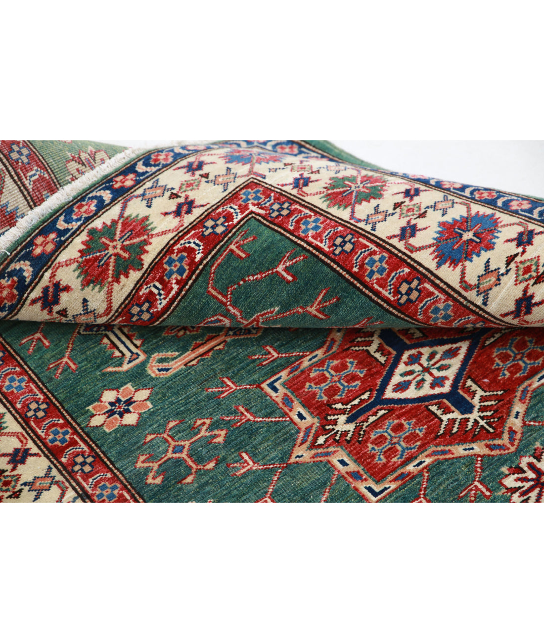 Hand Knotted Royal Kazak Wool Rug - 3'10'' x 5'0'' 3'10'' x 5'0'' (115 X 150) / Green / Ivory