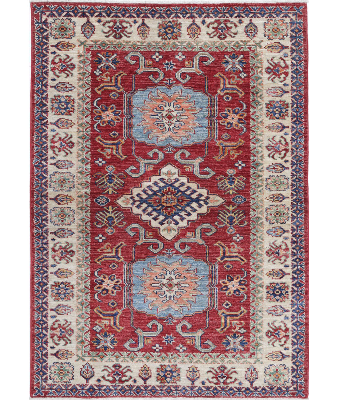 Hand Knotted Royal Kazak Wool Rug - 3&#39;4&#39;&#39; x 4&#39;9&#39;&#39; 3&#39;4&#39;&#39; x 4&#39;9&#39;&#39; (100 X 143) / Red / Ivory