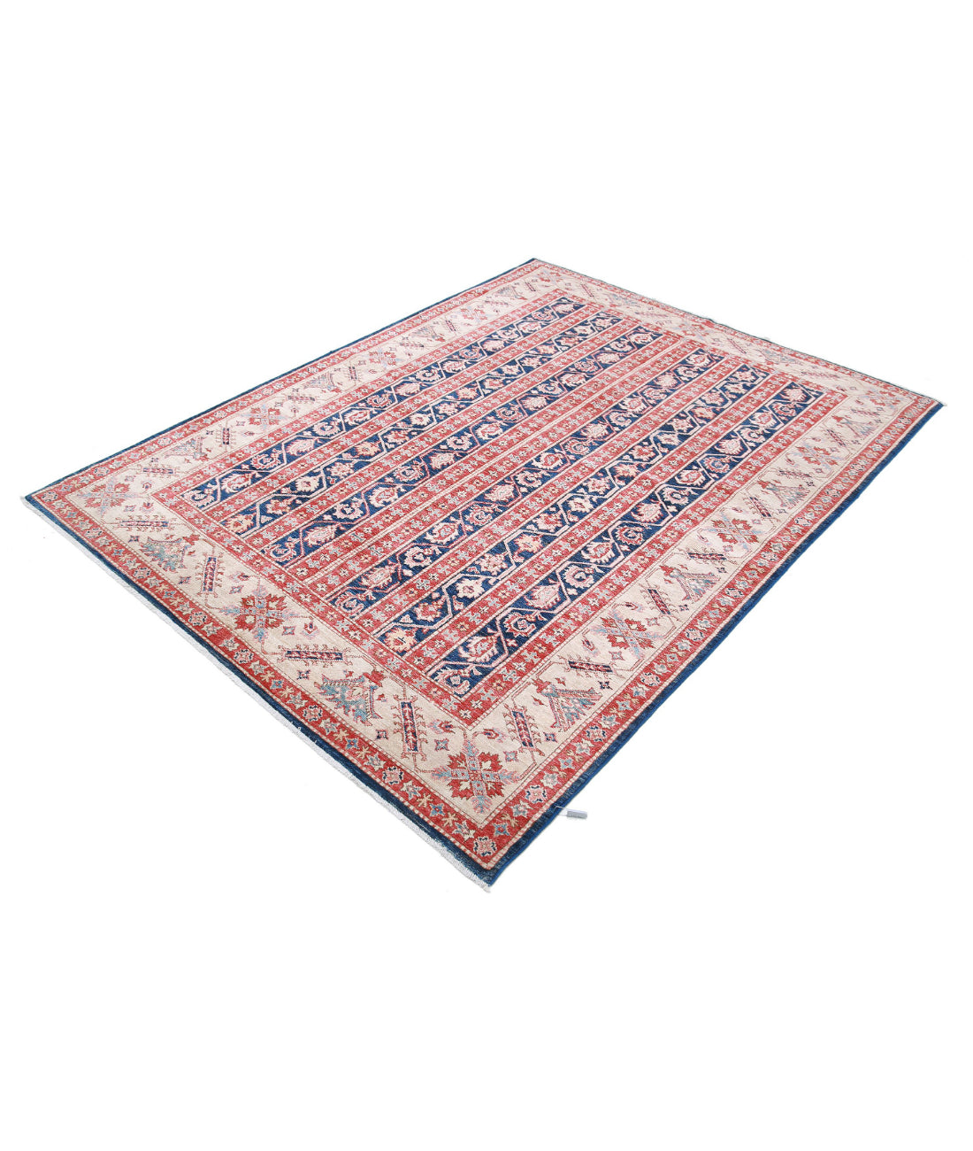 Hand Knotted Royal Kazak Wool Rug - 5'5'' x 7'2'' 5'5'' x 7'2'' (163 X 215) / Blue / Ivory