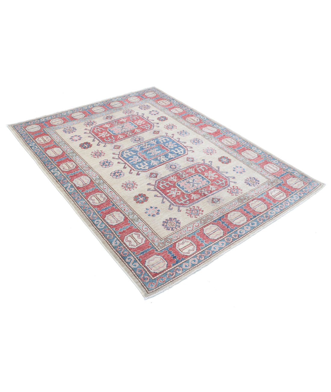 Hand Knotted Royal Kazak Wool Rug - 4'8'' x 5'11'' 4'8'' x 5'11'' (140 X 178) / Ivory / Red