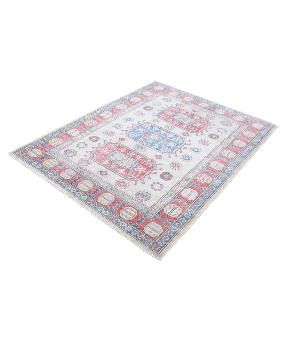 Hand Knotted Royal Kazak Wool Rug - 4'8'' x 5'11'' 4'8'' x 5'11'' (140 X 178) / Ivory / Red