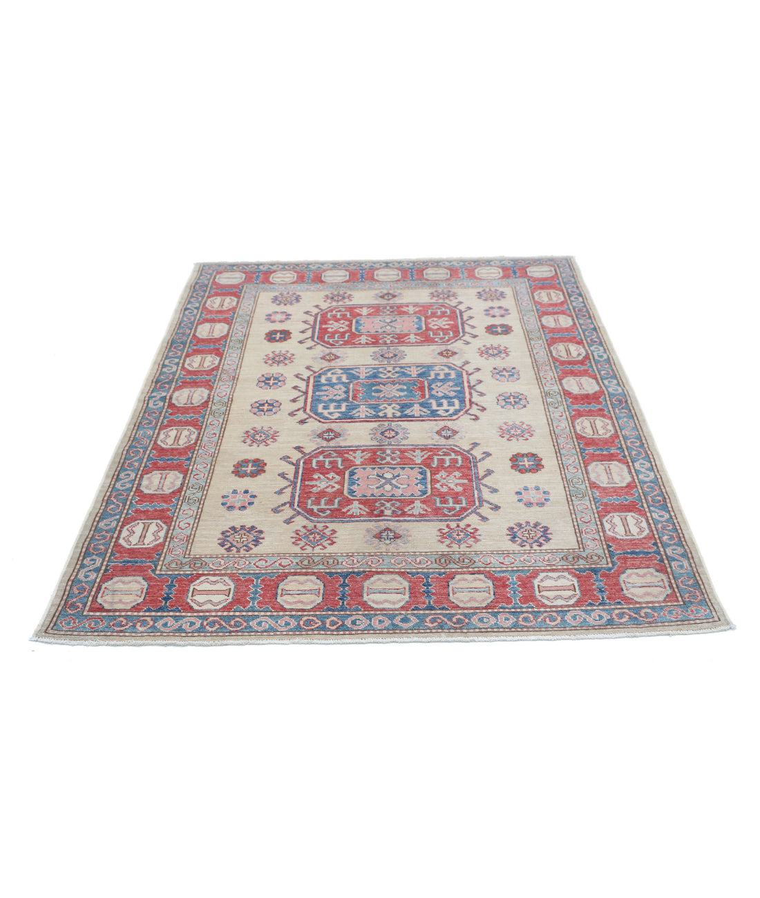 Hand Knotted Royal Kazak Wool Rug - 4'8'' x 5'11'' 4'8'' x 5'11'' (140 X 178) / Ivory / Red