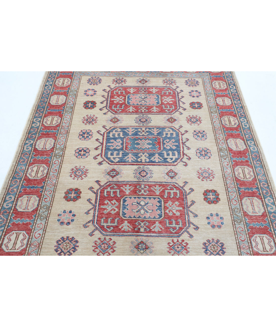 Hand Knotted Royal Kazak Wool Rug - 4'8'' x 5'11'' 4'8'' x 5'11'' (140 X 178) / Ivory / Red