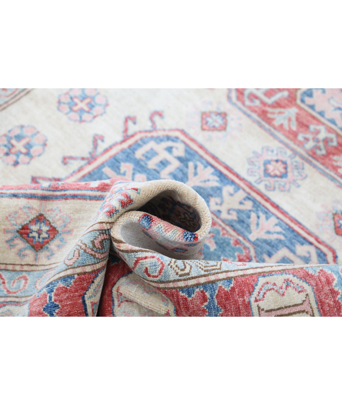 Hand Knotted Royal Kazak Wool Rug - 4'8'' x 5'11'' 4'8'' x 5'11'' (140 X 178) / Ivory / Red