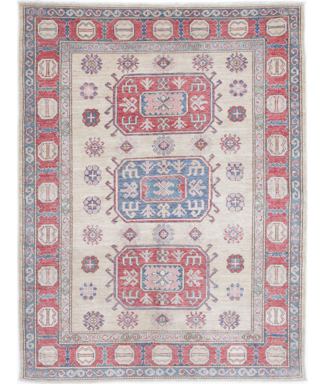 Hand Knotted Royal Kazak Wool Rug - 4'8'' x 5'11'' 4'8'' x 5'11'' (140 X 178) / Ivory / Red