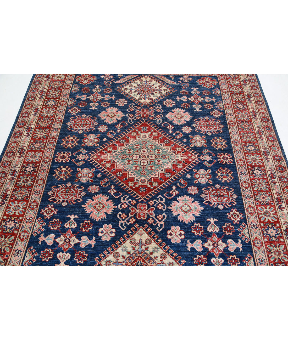 Hand Knotted Royal Kazak Wool Rug - 6'2'' x 7'6'' 6'2'' x 7'6'' (185 X 225) / Blue / Red