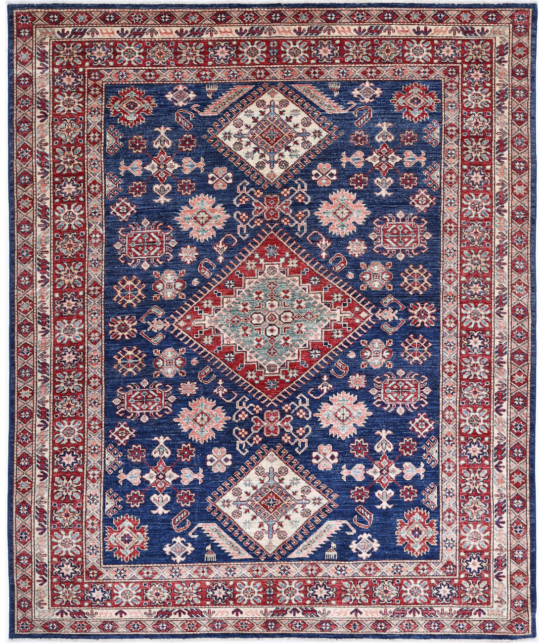 Hand Knotted Royal Kazak Wool Rug - 6'2'' x 7'6'' 6'2'' x 7'6'' (185 X 225) / Blue / Red