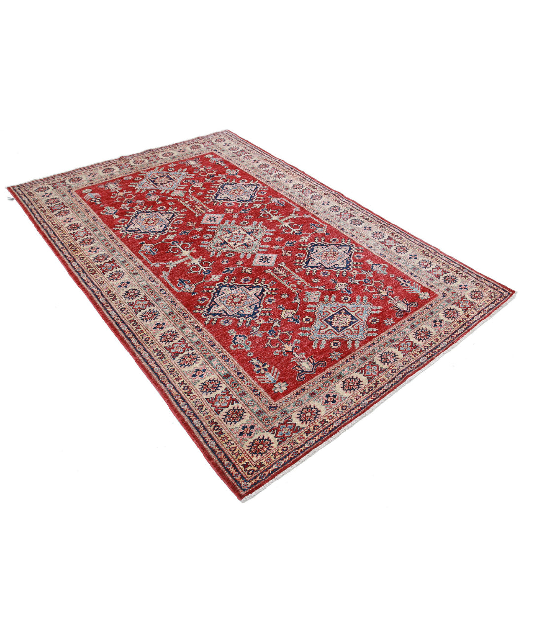 Hand Knotted Royal Kazak Wool Rug - 5'4'' x 7'8'' 5'4'' x 7'8'' (160 X 230) / Red / Ivory