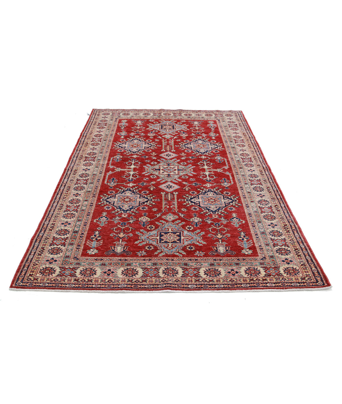 Hand Knotted Royal Kazak Wool Rug - 5'4'' x 7'8'' 5'4'' x 7'8'' (160 X 230) / Red / Ivory