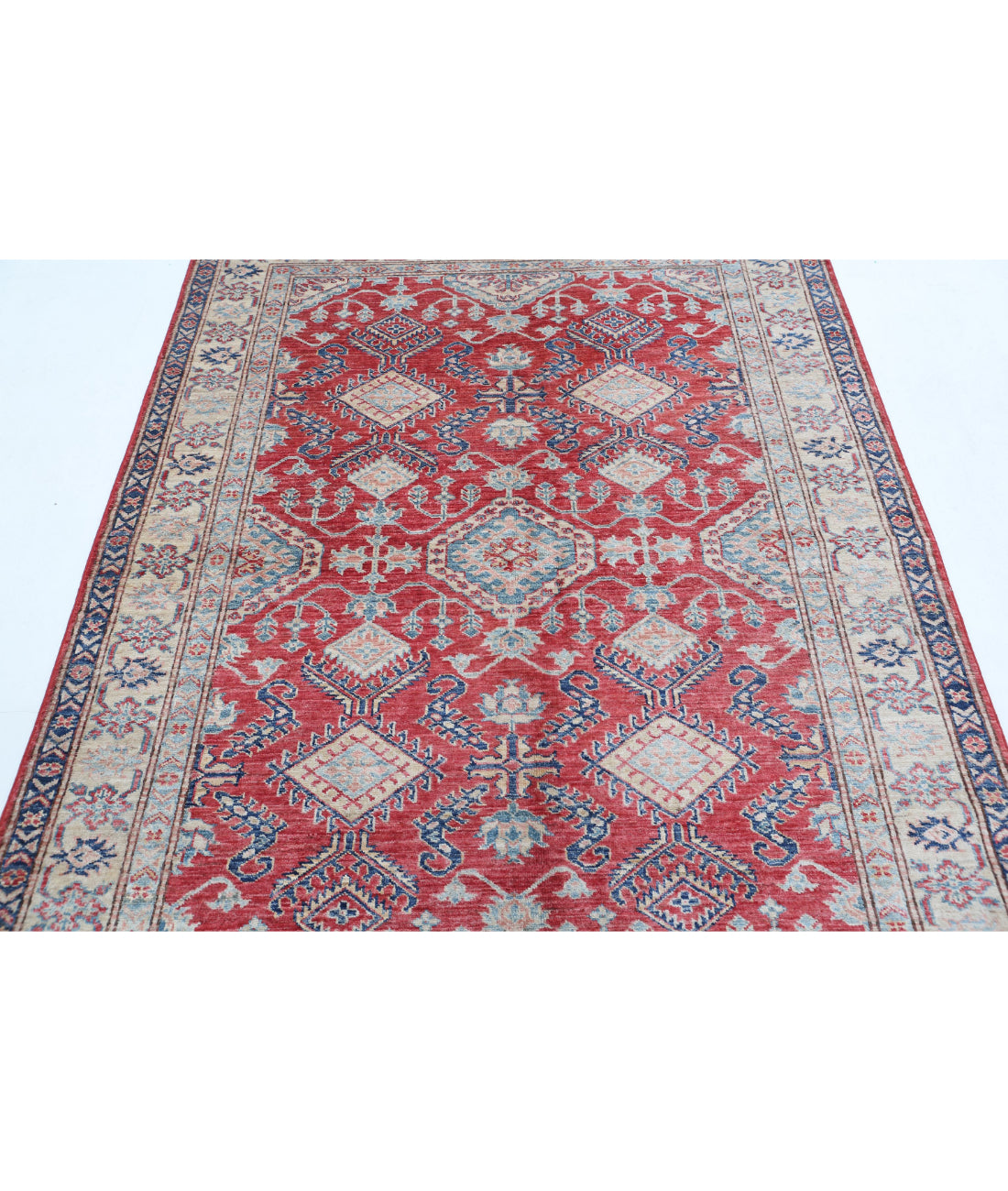 Hand Knotted Royal Kazak Wool Rug - 4'10'' x 6'6'' 4'10'' x 6'6'' (145 X 195) / Red / Ivory