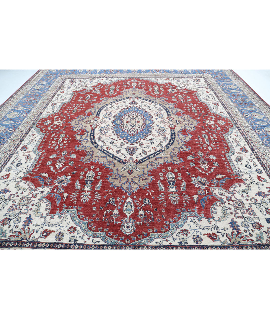 Hand Knotted Royal Kazak Wool Rug - 13'8'' x 15'7'' 13'8'' x 15'7'' (410 X 468) / Red / Blue
