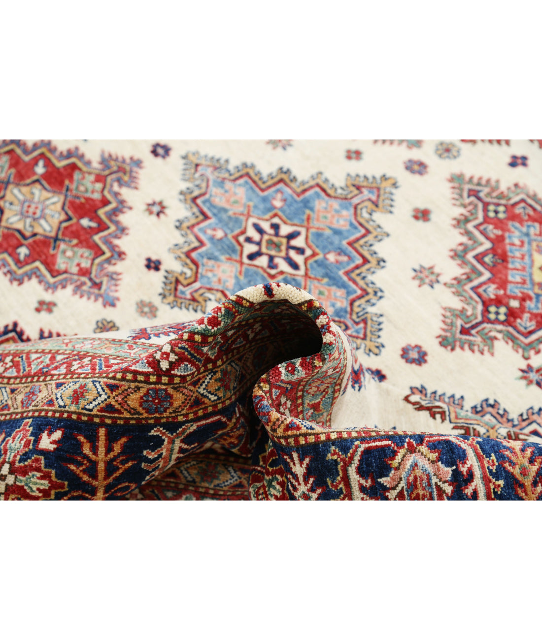 Hand Knotted Royal Kazak Wool Rug - 8'9'' x 11'11'' 8'9'' x 11'11'' (263 X 358) / Ivory / Blue