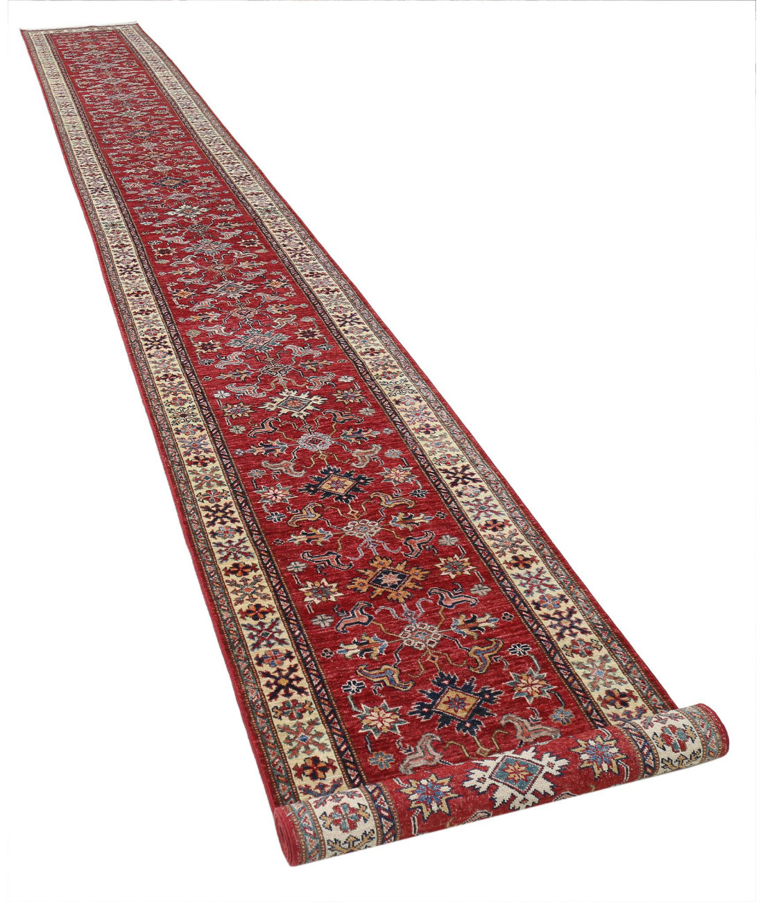 Hand Knotted Royal Kazak Wool Rug - 2'7'' x 23'0'' 2'7'' x 23'0'' (78 X 690) / Red / Ivory