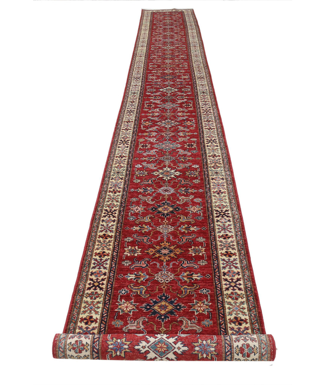 Hand Knotted Royal Kazak Wool Rug - 2'7'' x 23'0'' 2'7'' x 23'0'' (78 X 690) / Red / Ivory