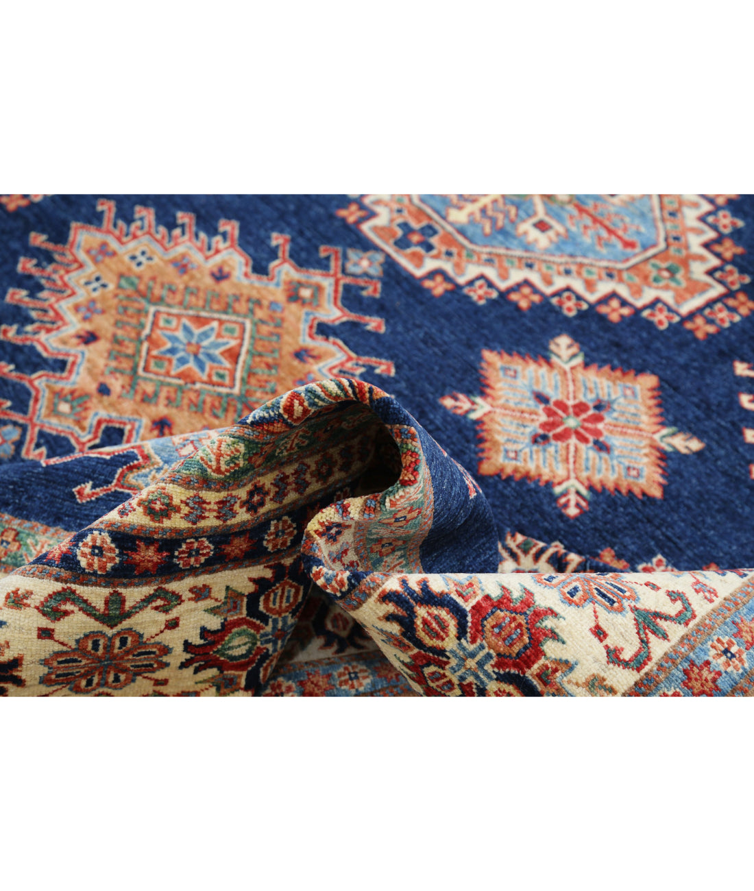 Hand Knotted Royal Kazak Wool Rug - 9'9'' x 13'9'' 9'9'' x 13'9'' (293 X 413) / Blue / Ivory