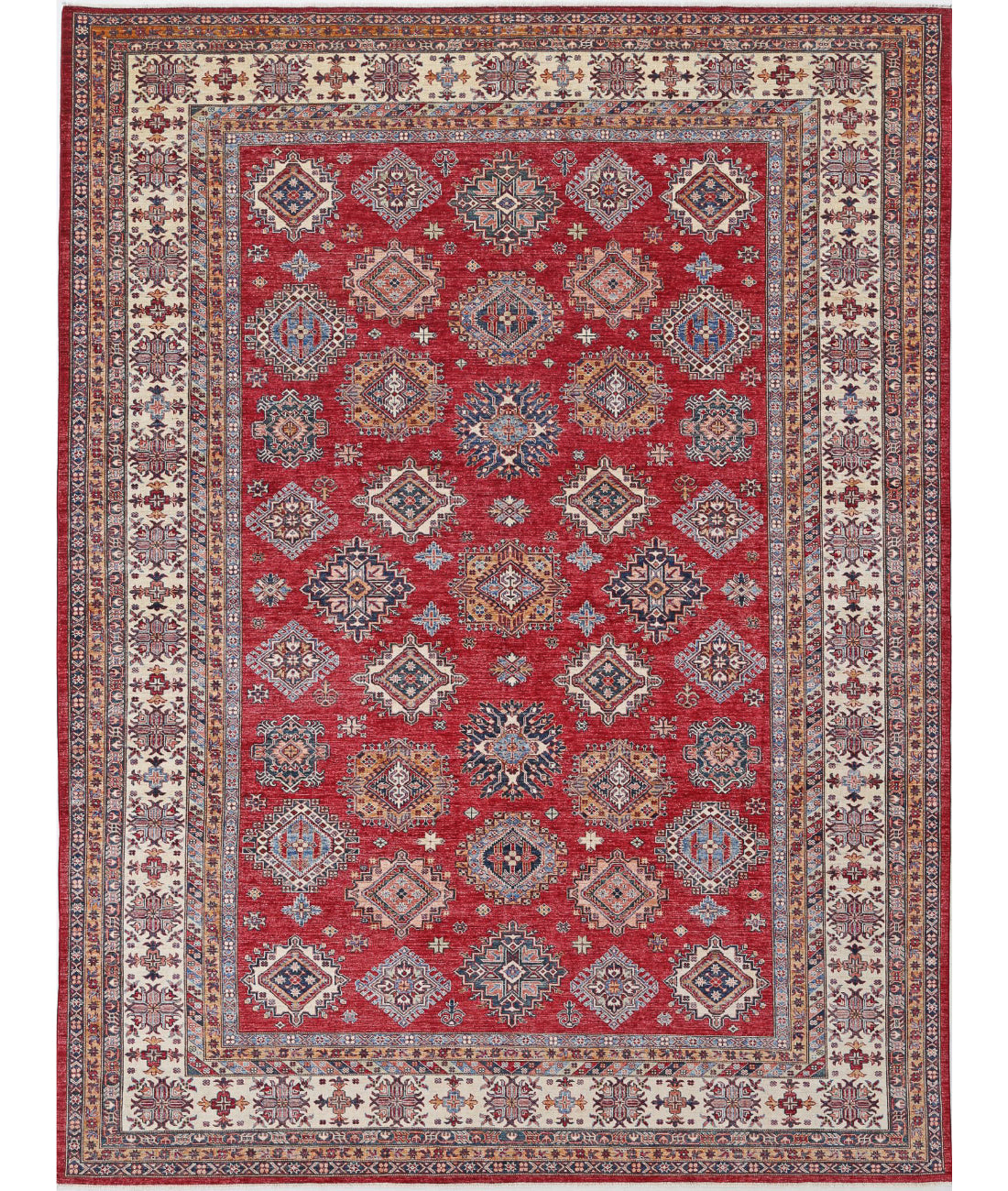 Hand Knotted Royal Kazak Wool Rug - 9'10'' x 13'1'' 9'10'' x 13'1'' (295 X 393) / Red / Ivory
