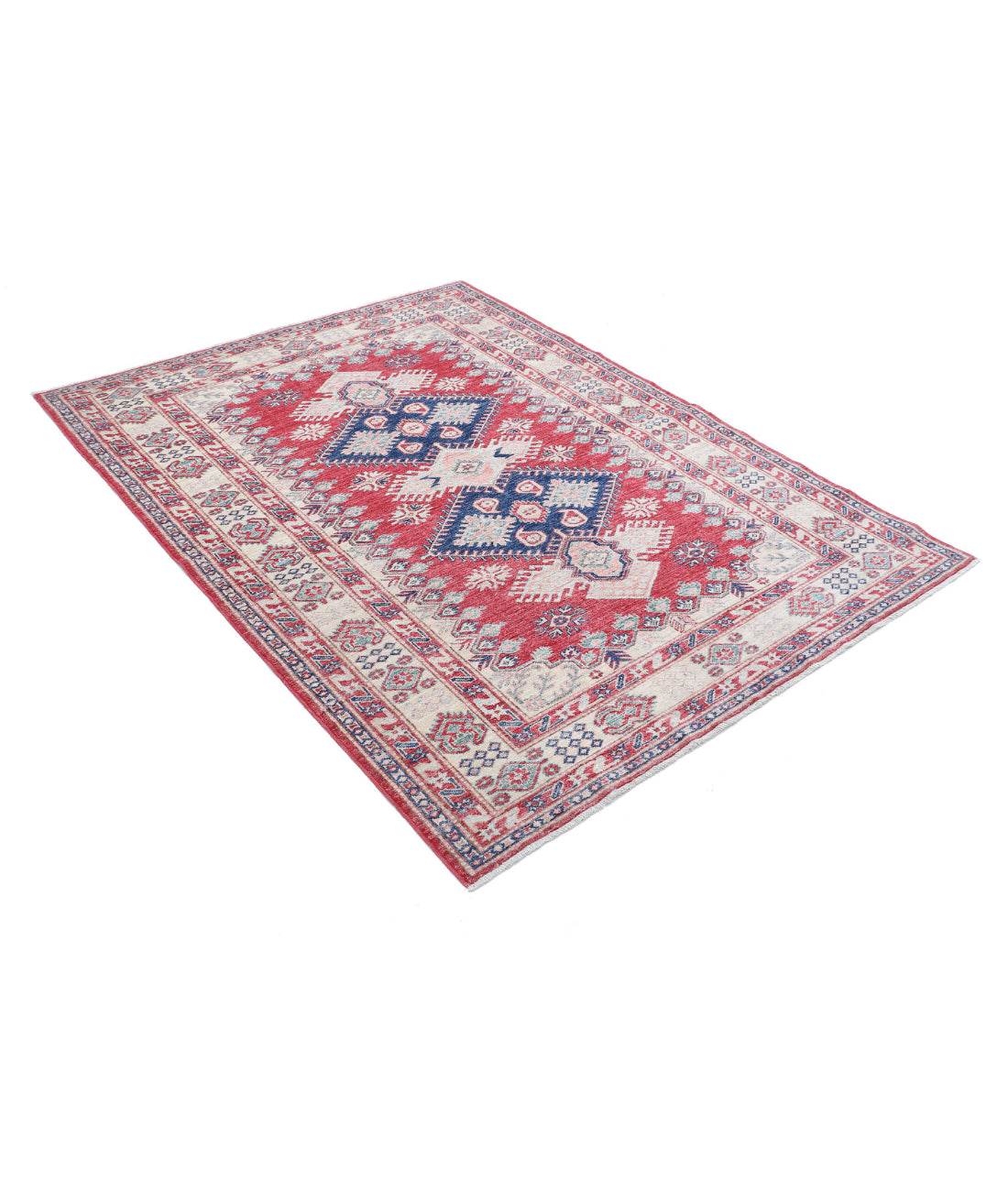 Hand Knotted Royal Kazak Wool Rug - 5'0'' x 6'7'' 5'0'' x 6'7'' (150 X 198) / Red / Ivory