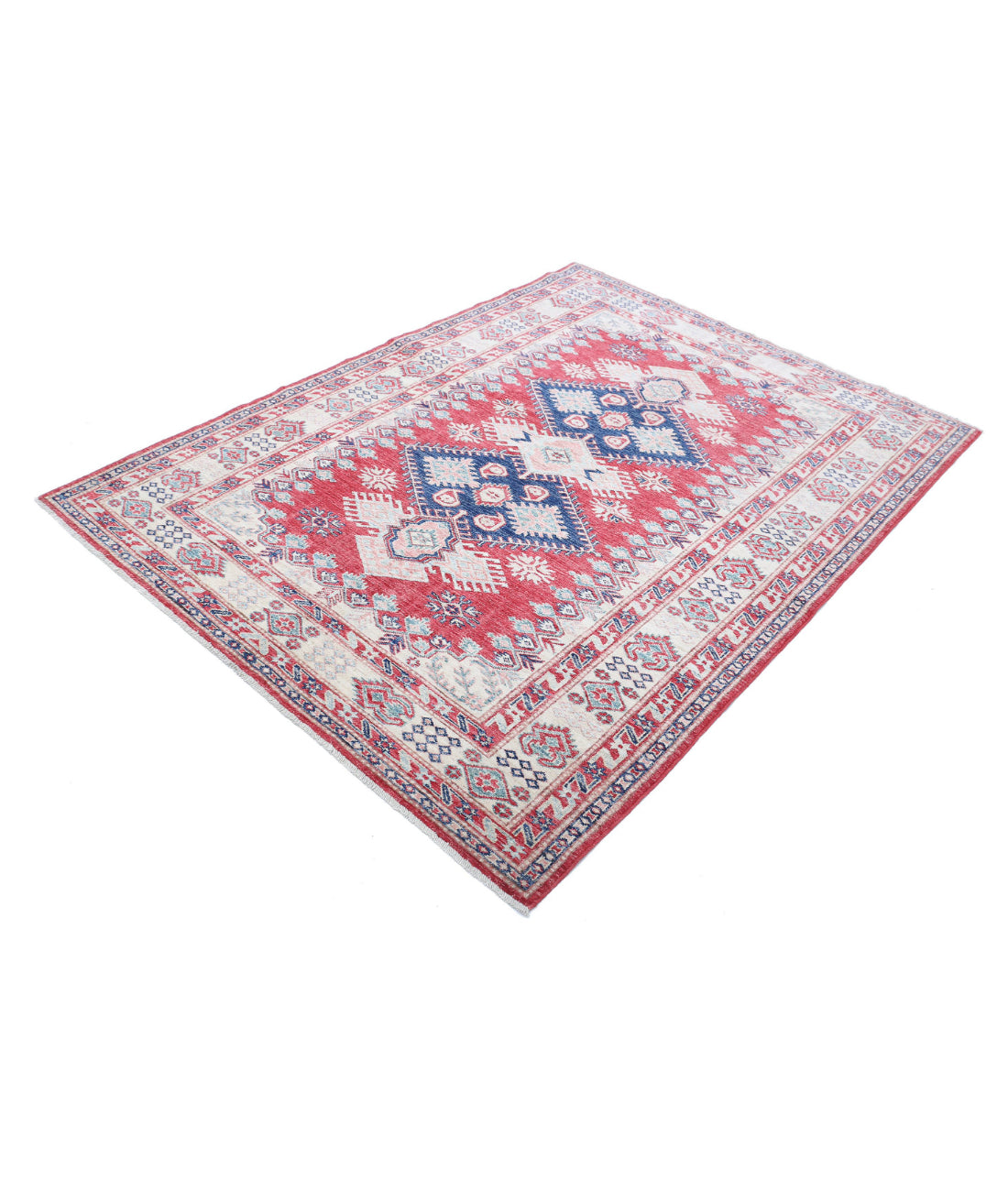 Hand Knotted Royal Kazak Wool Rug - 5'0'' x 6'7'' 5'0'' x 6'7'' (150 X 198) / Red / Ivory