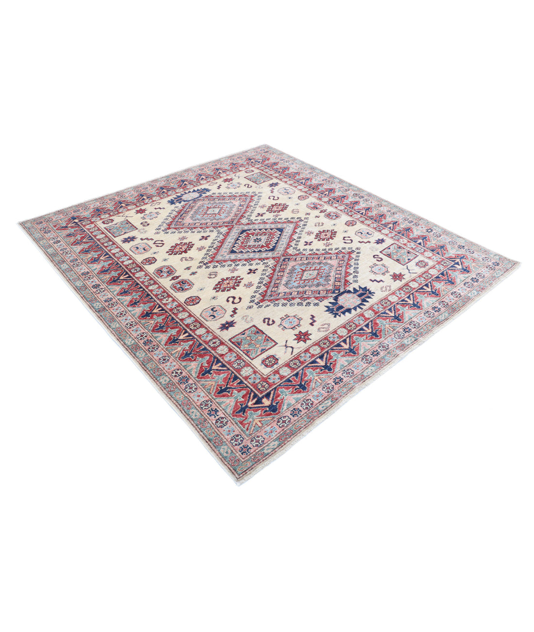Hand Knotted Royal Kazak Wool Rug - 6'1'' x 6'6'' 6'1'' x 6'6'' (183 X 195) / Ivory / Red
